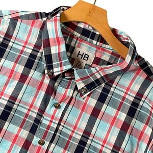 HB 4XLT‎ Mens Plaid Short Sleeve Button Down Shirt Red Blue White Navy